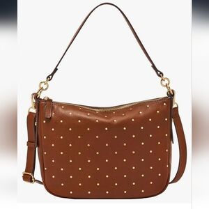 FOSSIL Jolie Brown Leather Crossbody Shoulder Bag with gold-colored Studs